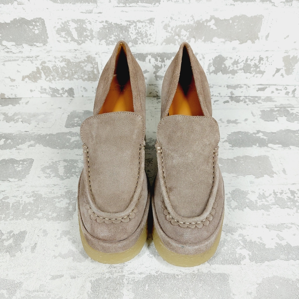 Marc Fisher Taupe Suede Platform Loafers with Yellow Crepe Sole - Picture 7 of 11